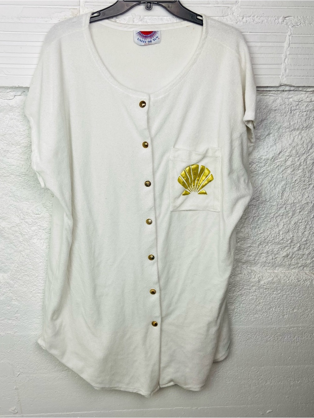 White Button-Front Shell Pocket Gold Shell Embroidery terry cloth swim cover 1X